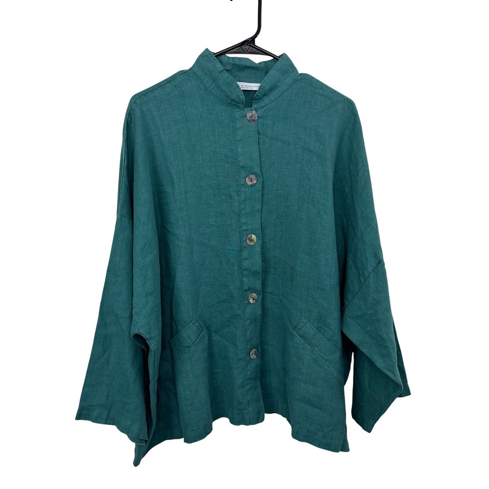 Bryn Walker Top Womens Medium Teal Green Linen Casana Button Front Oversized